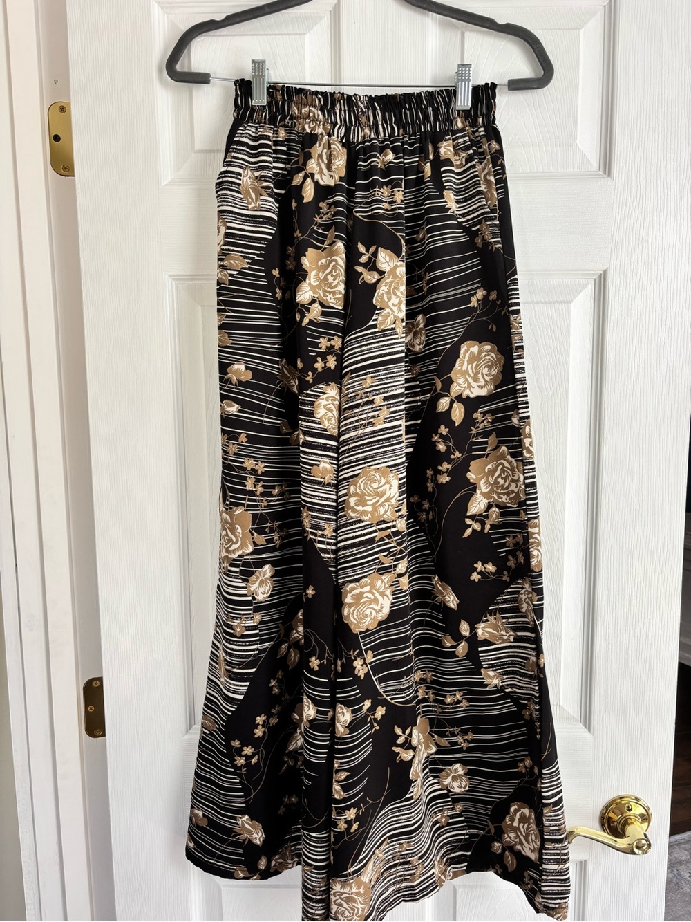 Wide Leg Women's Pants with Gold Floral Print